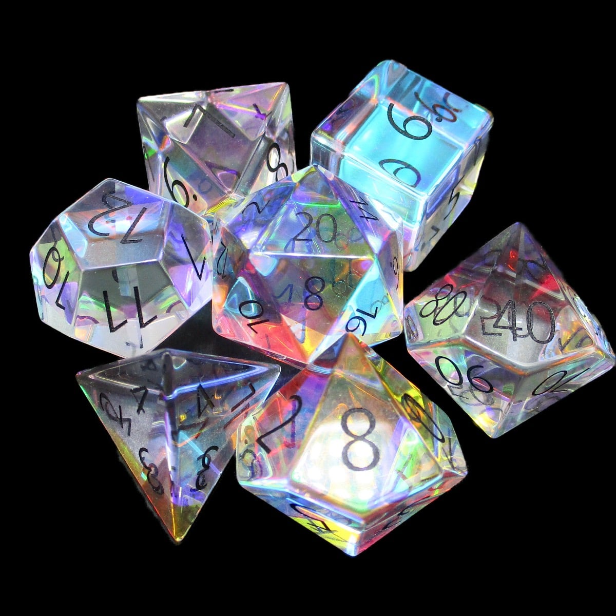 TDSO Zircon Glass Rainbow & Black 7 Dice Polyset
