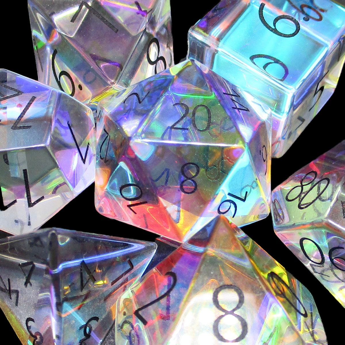 TDSO Zircon Glass Rainbow & Black 7 Dice Polyset