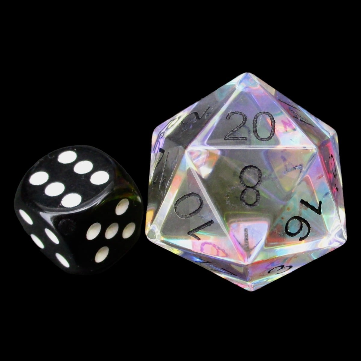 TDSO Zircon Glass Rainbow & Black JUMBO 30mm D20 Dice