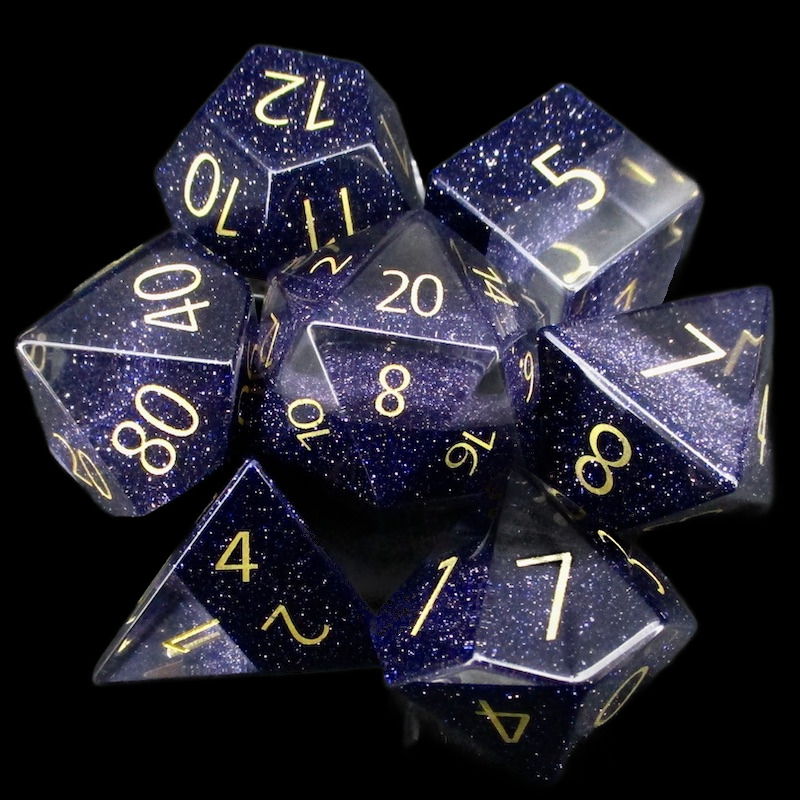 TDSO Fused Glass Zircon Diamond & Gemstone Goldstone Blue 7 Dice Polyset