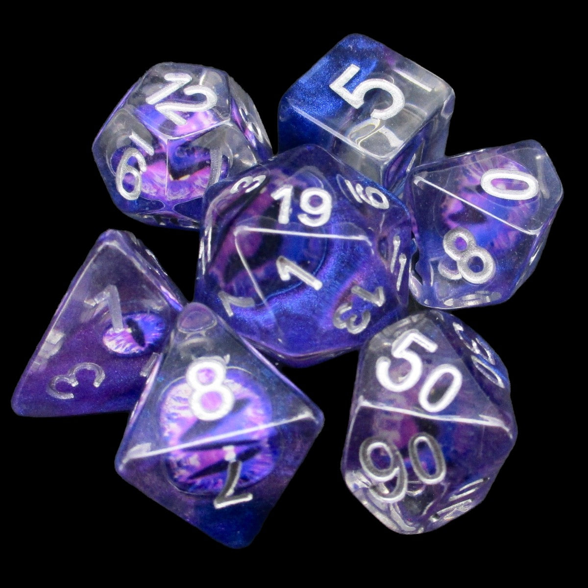TDSO Encased Demon Eye Purple Dice 7 Dice Polyset