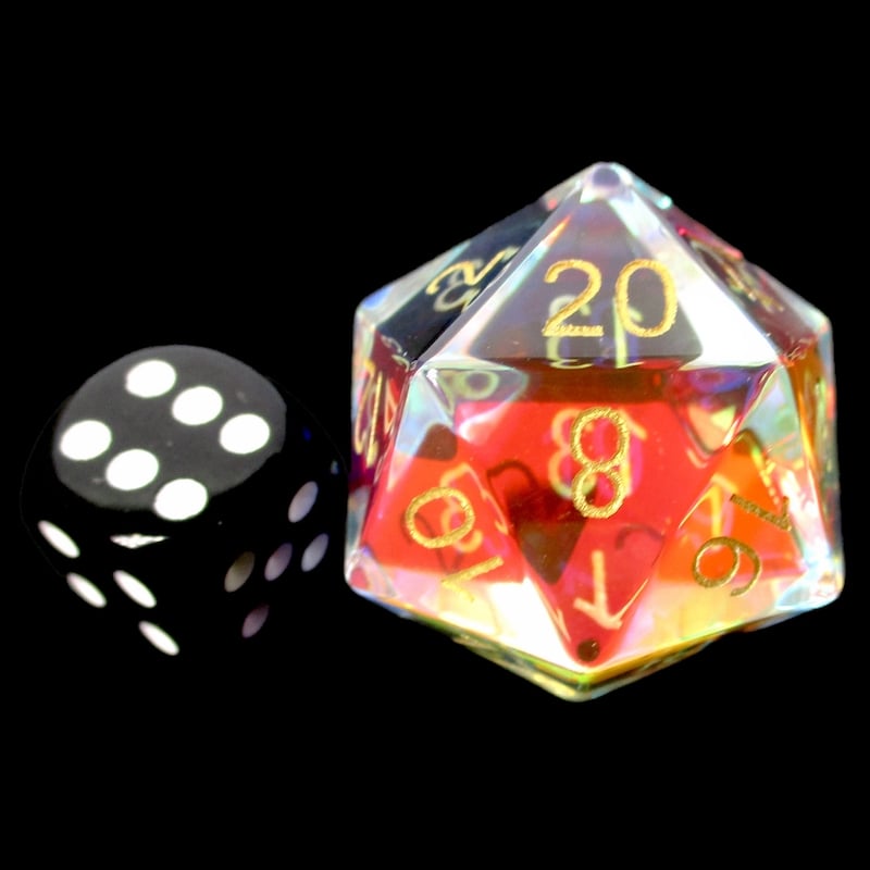 TDSO Zircon Glass Rainbow & Gold JUMBO 30mm D20 Dice