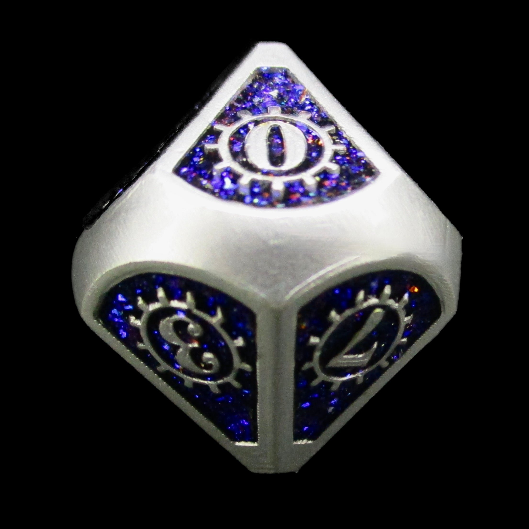 TDSO Metal Gears Silver & Sapphire Mica D10 Dice