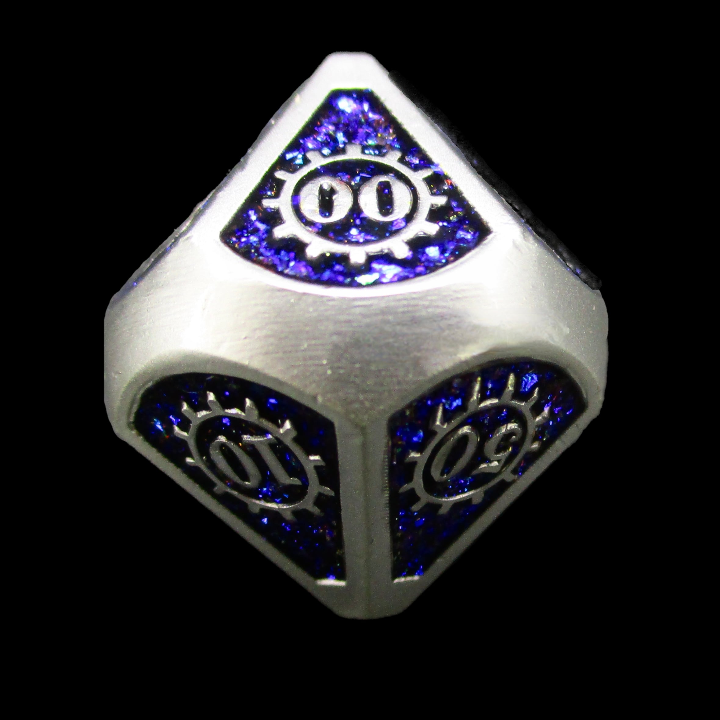TDSO Metal Gears Silver & Sapphire Mica Percentile Dice