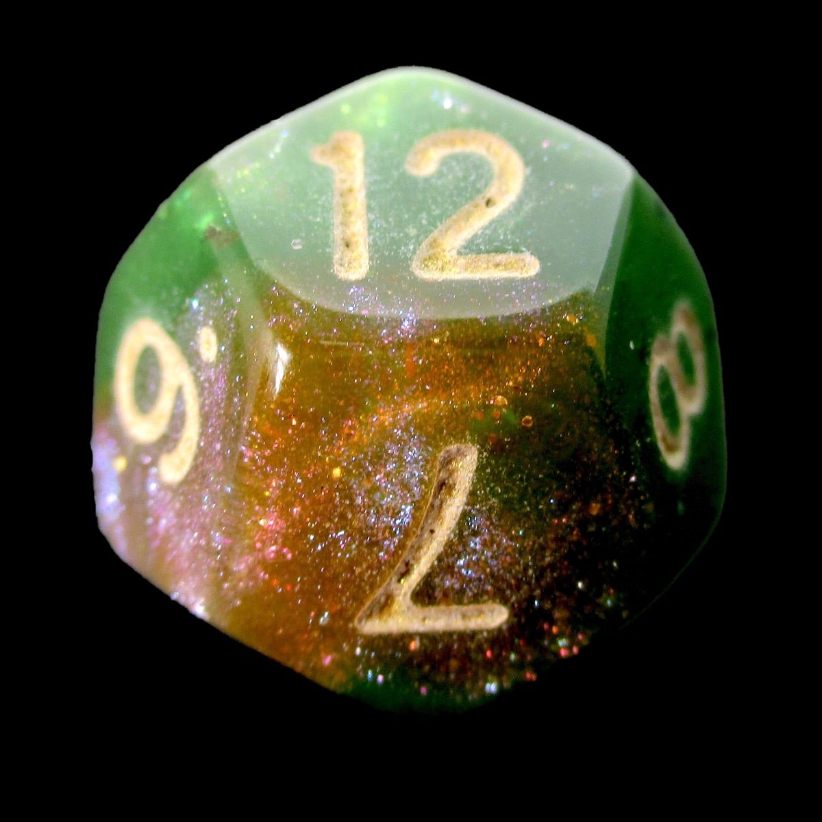 HALF PRICE CLEARANCE TDSO Phoenix Multi Glitter Green Orange & Pink D12 Dice