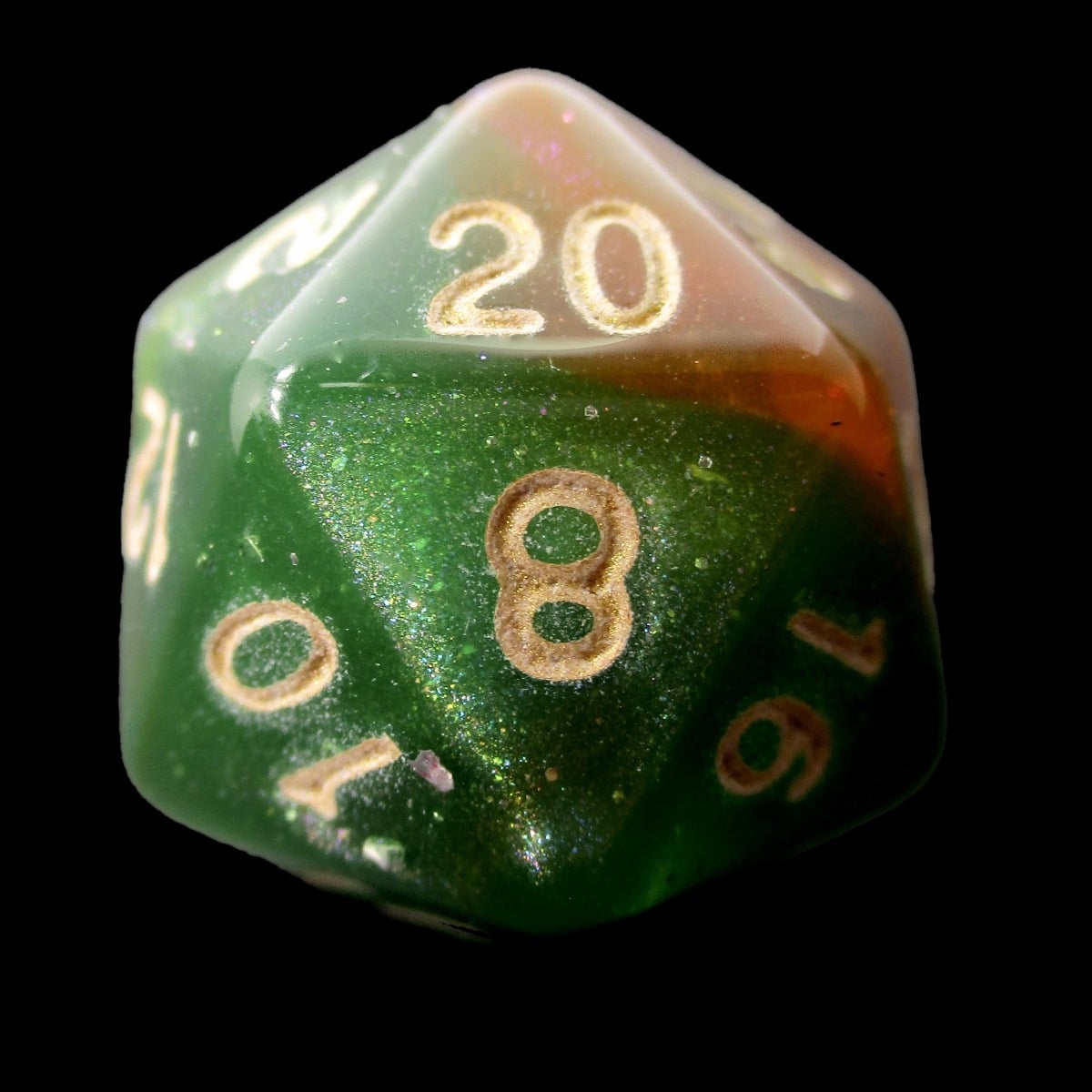 HALF PRICE CLEARANCE TDSO Phoenix Multi Glitter Green Orange & Pink D20 Dice