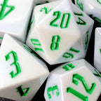TDSO Gothic Script Pearl White & Green LARGE 22mm 7 Dice Polyset