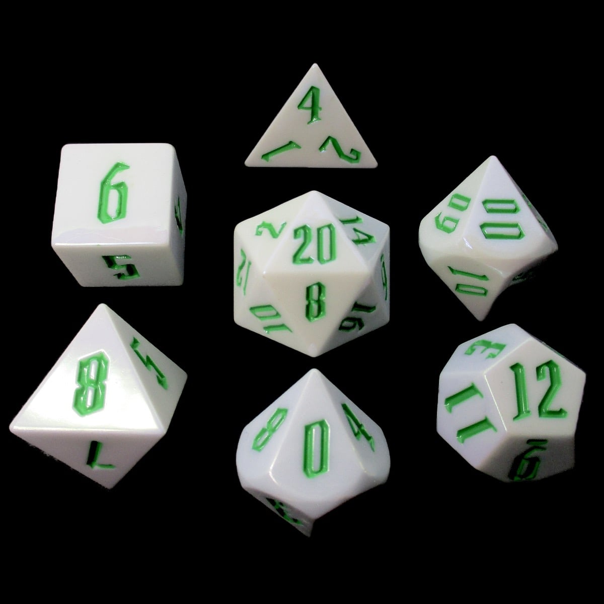 TDSO Gothic Script Pearl White & Green LARGE 22mm 7 Dice Polyset
