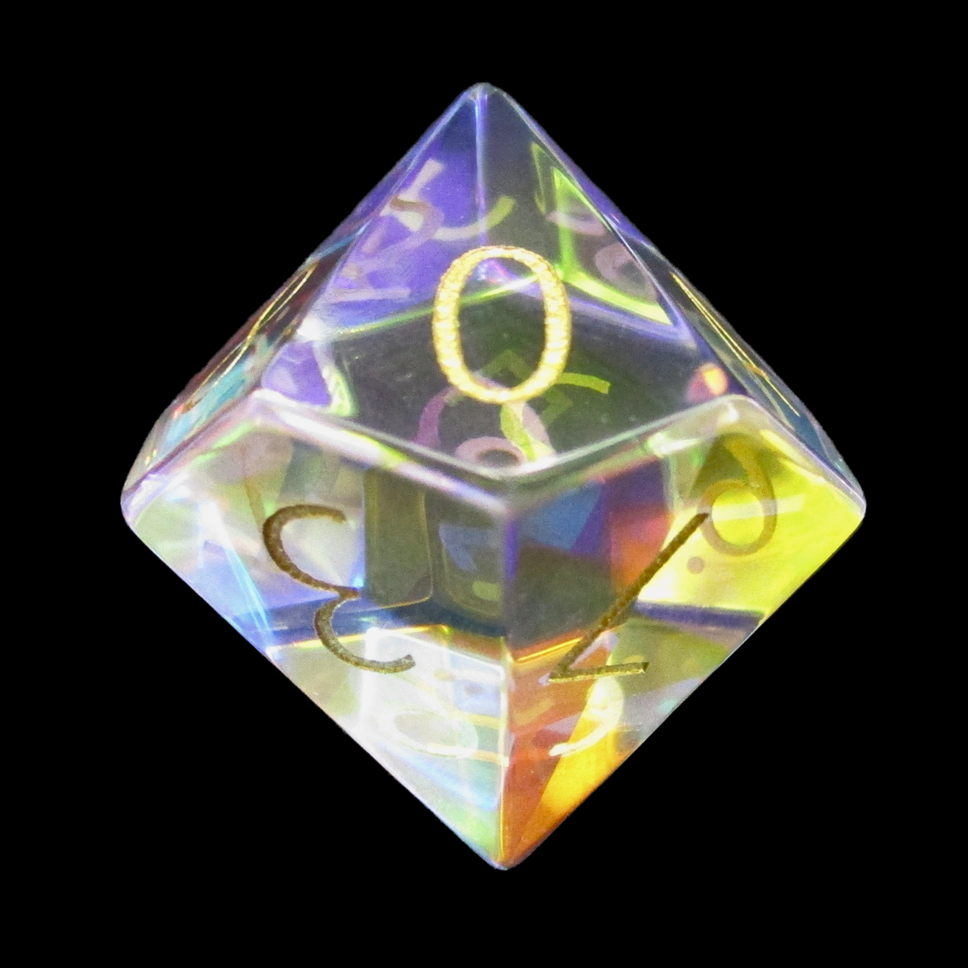 TDSO Zircon Glass Rainbow & Gold D10 Dice