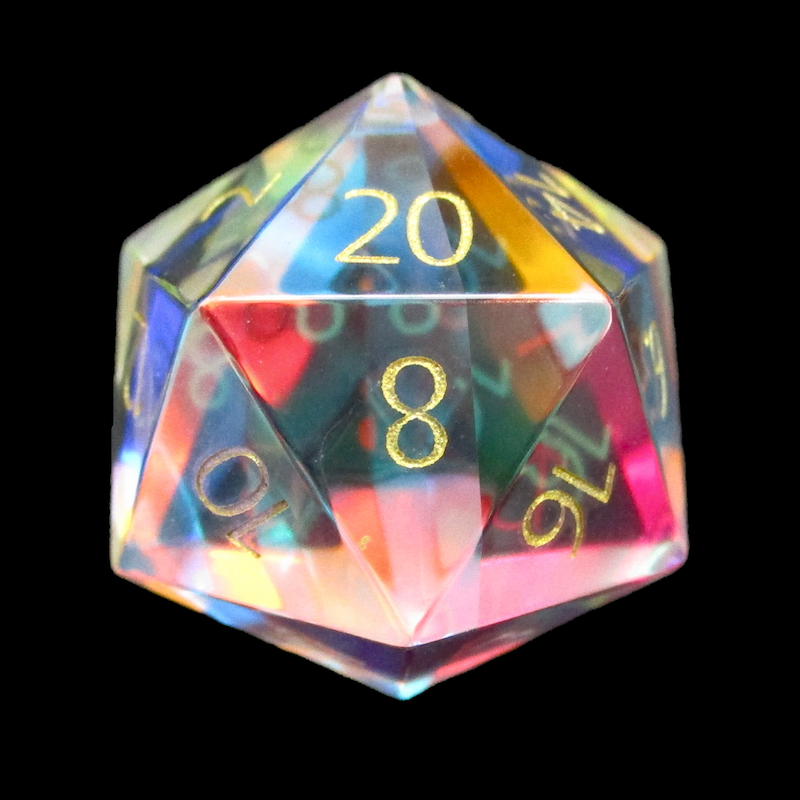 TDSO Zircon Glass Rainbow & Gold D20 Dice