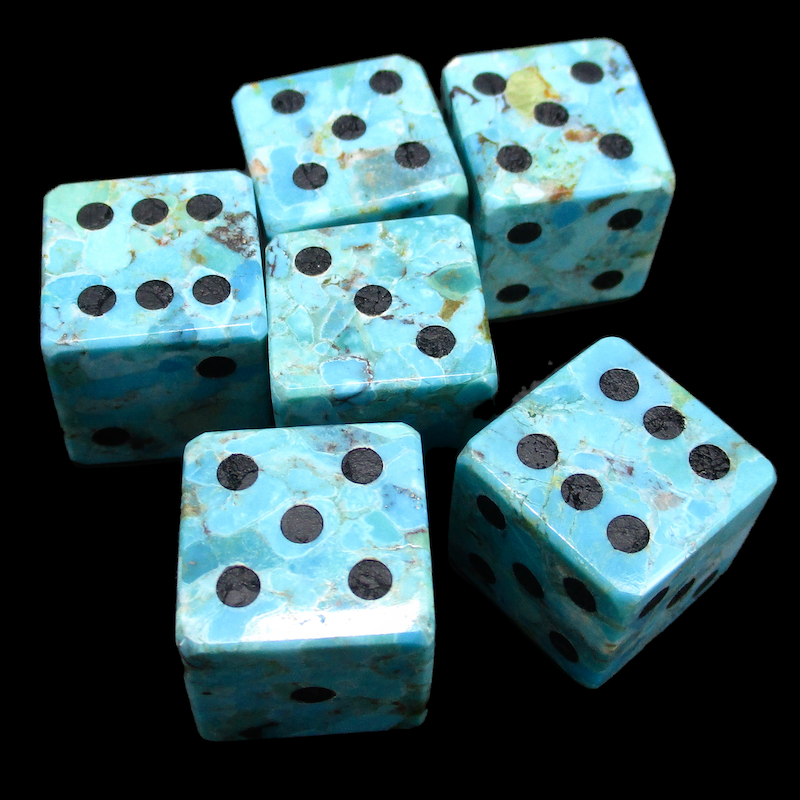 TDSO Gemstone Natural Stabilised Turquoise & Black 6 x D6 Spot Dice Set