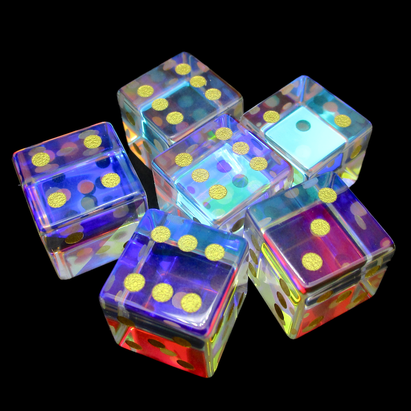 TDSO Zircon Glass Rainbow & Gold 6 x D6 Spot Dice Set