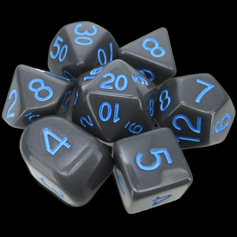 Role 4 Initiative Opaque Dark Grey & Light Blue 7 Dice Polyset with Arch D4