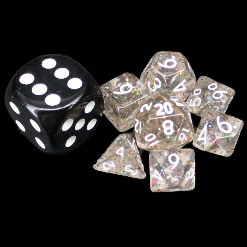 TDSO Glitter Clear & Rainbow with White MINI 10mm 7 Dice Polyset