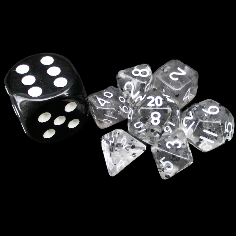TDSO Glitter Clear & Black with White MINI 10mm 7 Dice Polyset