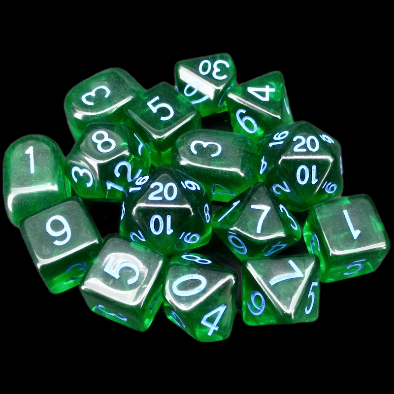 Role 4 Initiative Translucent Dark Green & Light Blue 15 Dice Polyset with Arch D4s