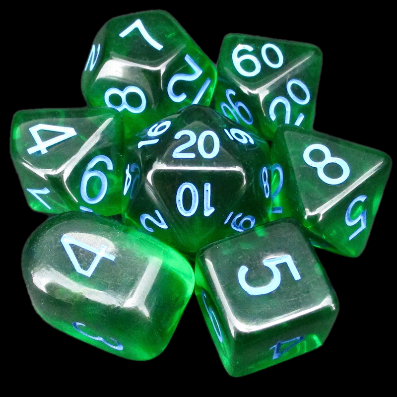 Role 4 Initiative Translucent Dark Green & Light Blue 7 Dice Polyset with Arch D4