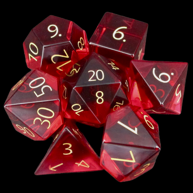 TDSO Zircon Glass Ruby & Gold 7 Dice Polyset