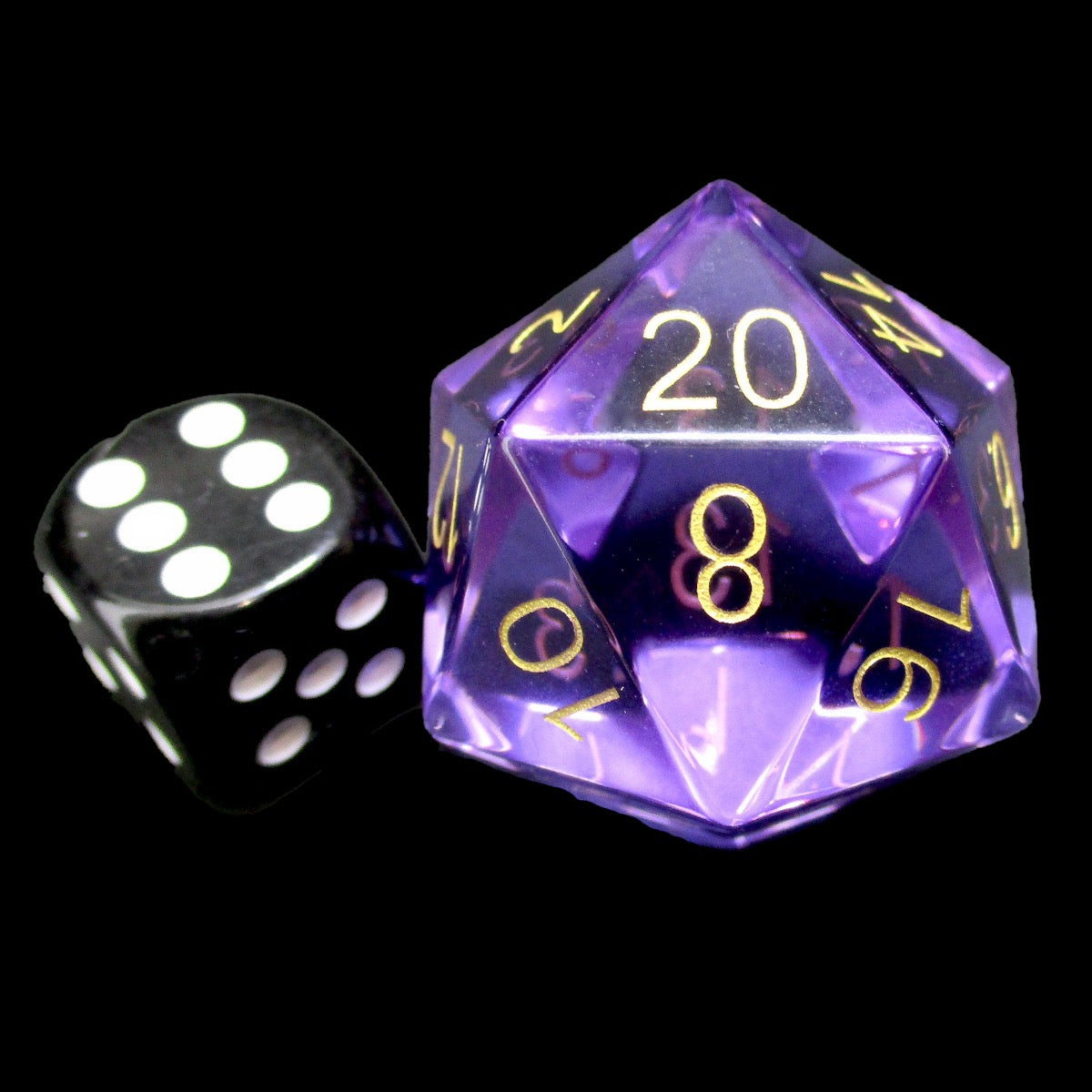 TDSO Zircon Glass Amethyst & Gold JUMBO 30mm D20 Dice