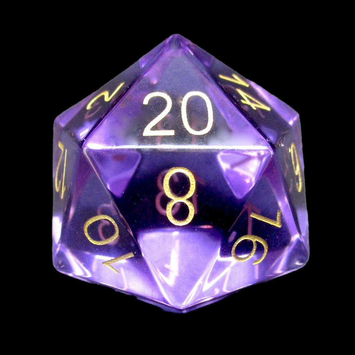 TDSO Zircon Glass Amethyst & Gold JUMBO 30mm D20 Dice