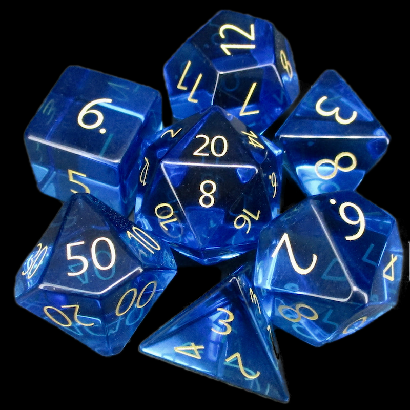 TDSO Zircon Glass Sapphire & Gold 7 Dice Polyset