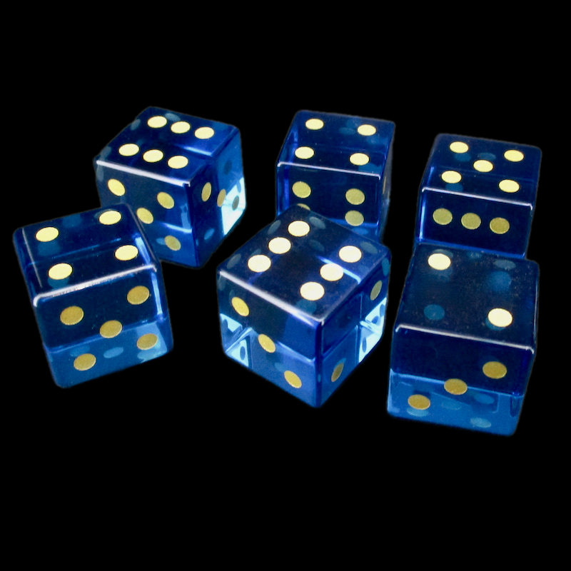 TDSO Zircon Glass Sapphire & Gold 6 x D6 Spot Dice Set