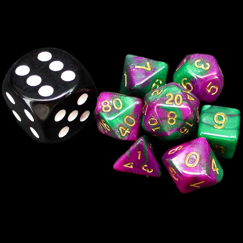 TDSO Duel Green & Purple MINI 10mm 7 Dice Polyset