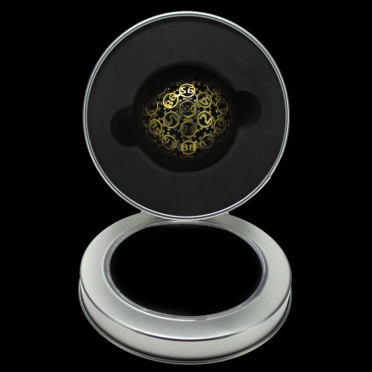 TDSO Metal Hollow Gear Antique Gold 50mm D100 Dice In Protective Case