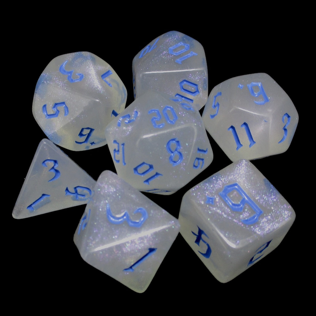 TDSO Gothic Script Shimmer & Blue 7 Dice Polyset