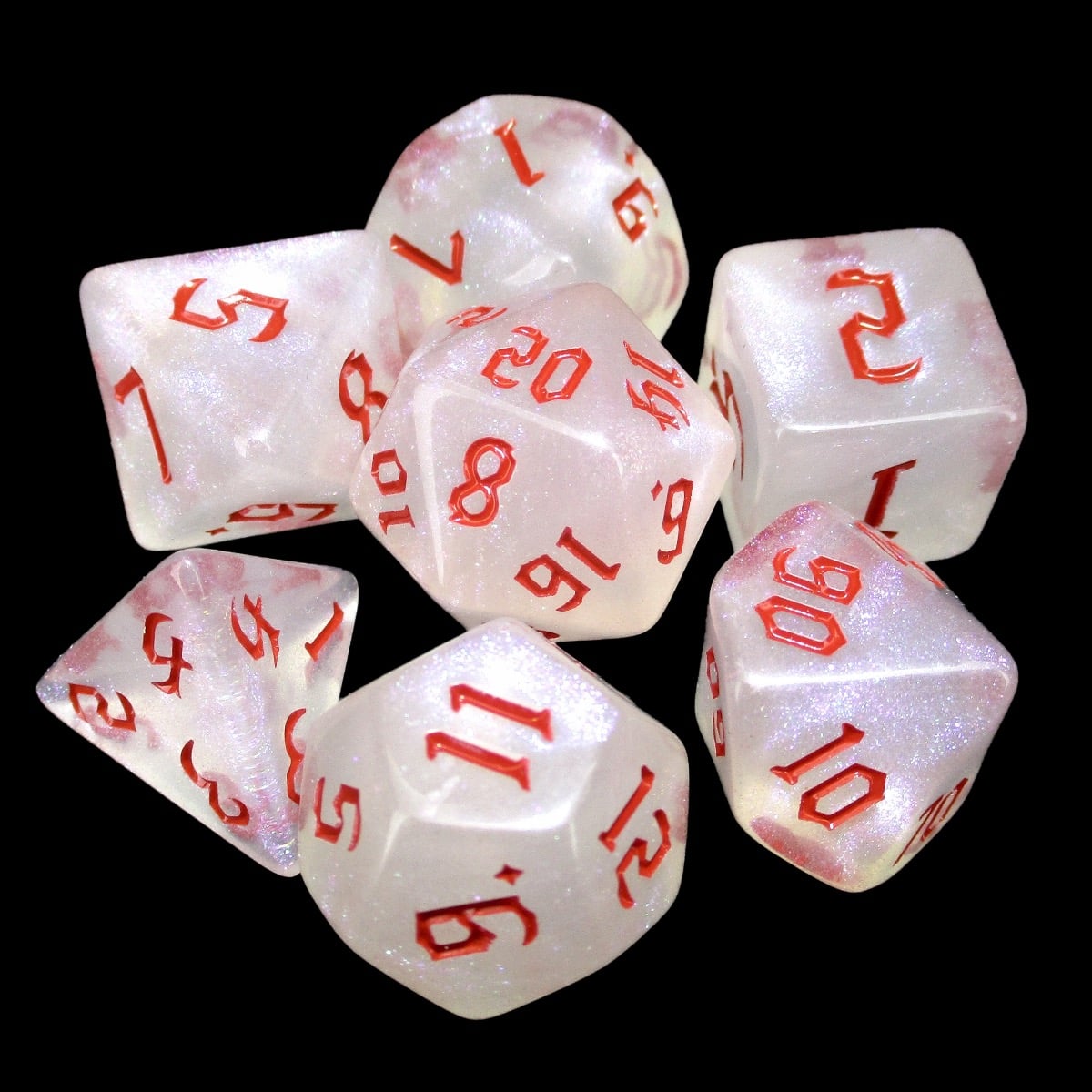TDSO Gothic Script Shimmer & Red 7 Dice Polyset