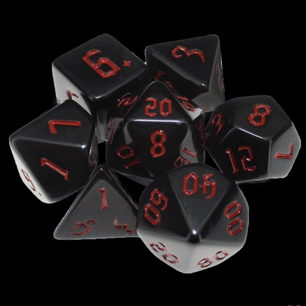 TDSO Gothic Script Opaque Black & Red 7 Dice Polyset
