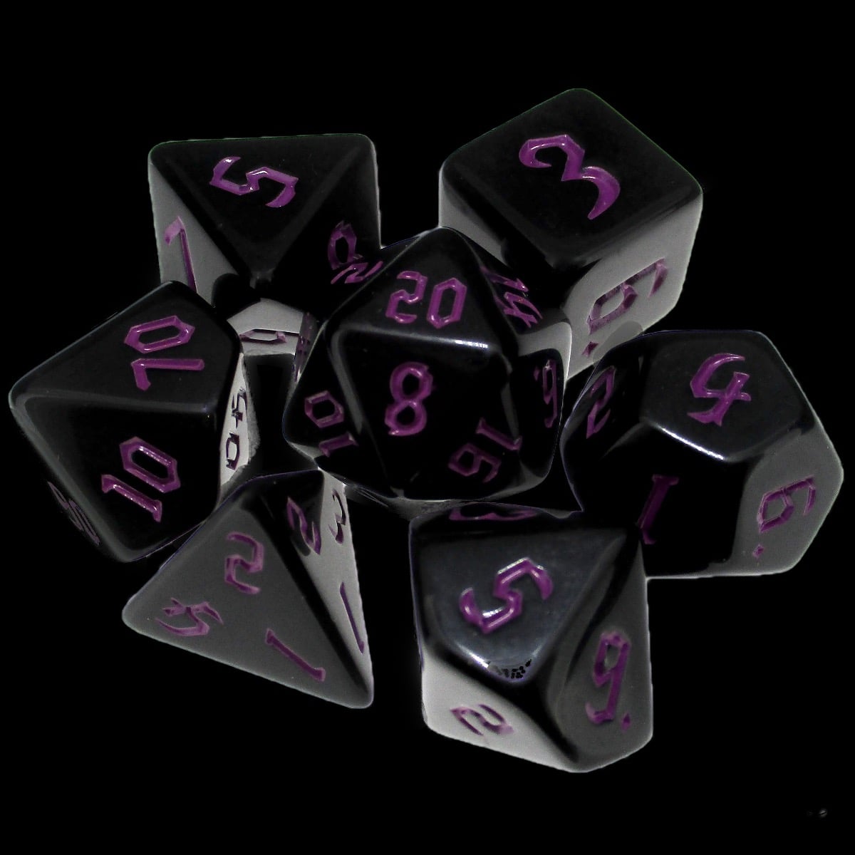 TDSO Gothic Script Opaque Black & Purple 7 Dice Polyset