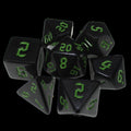 TDSO Gothic Script Opaque Black & Green 7 Dice Polyset