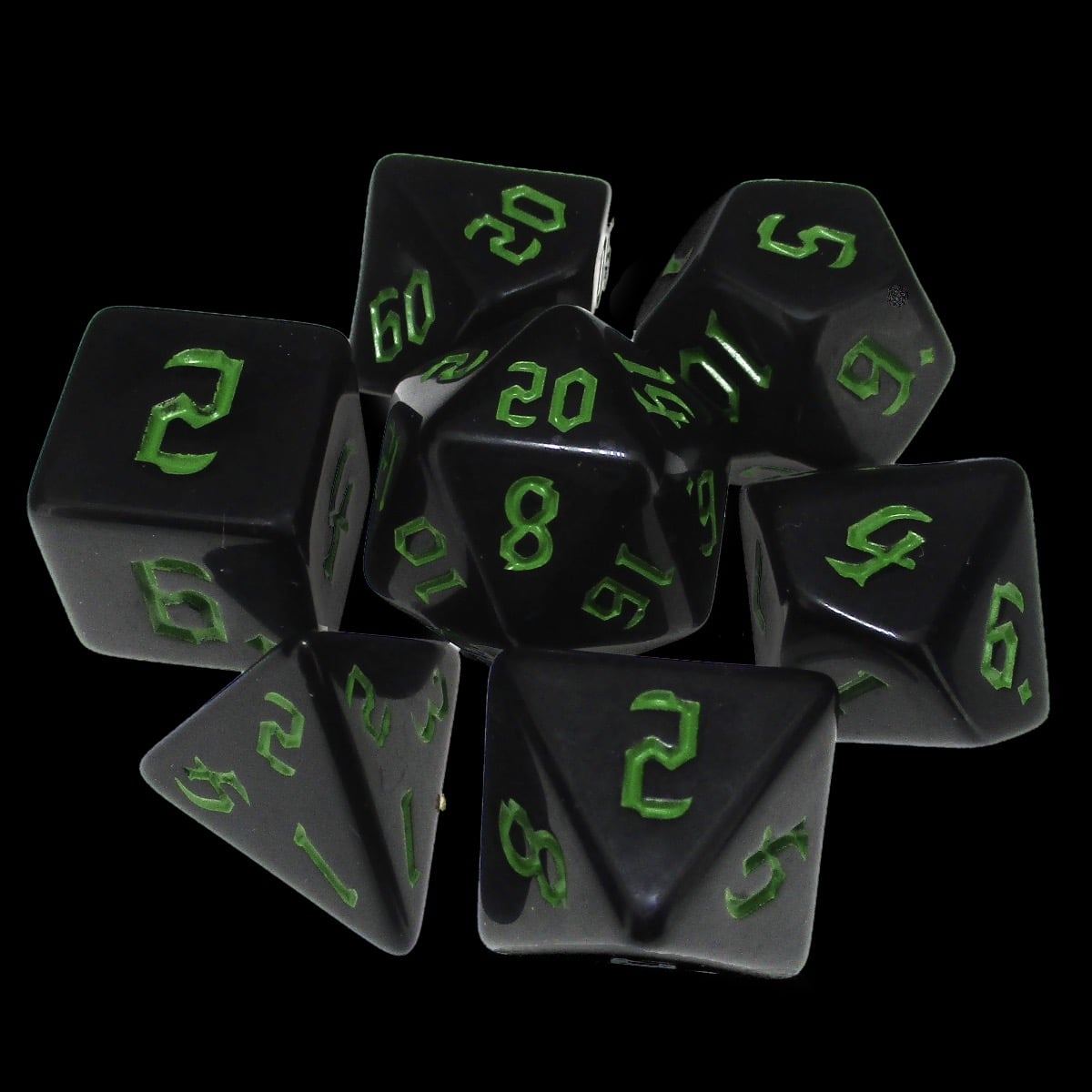 TDSO Gothic Script Opaque Black & Green 7 Dice Polyset