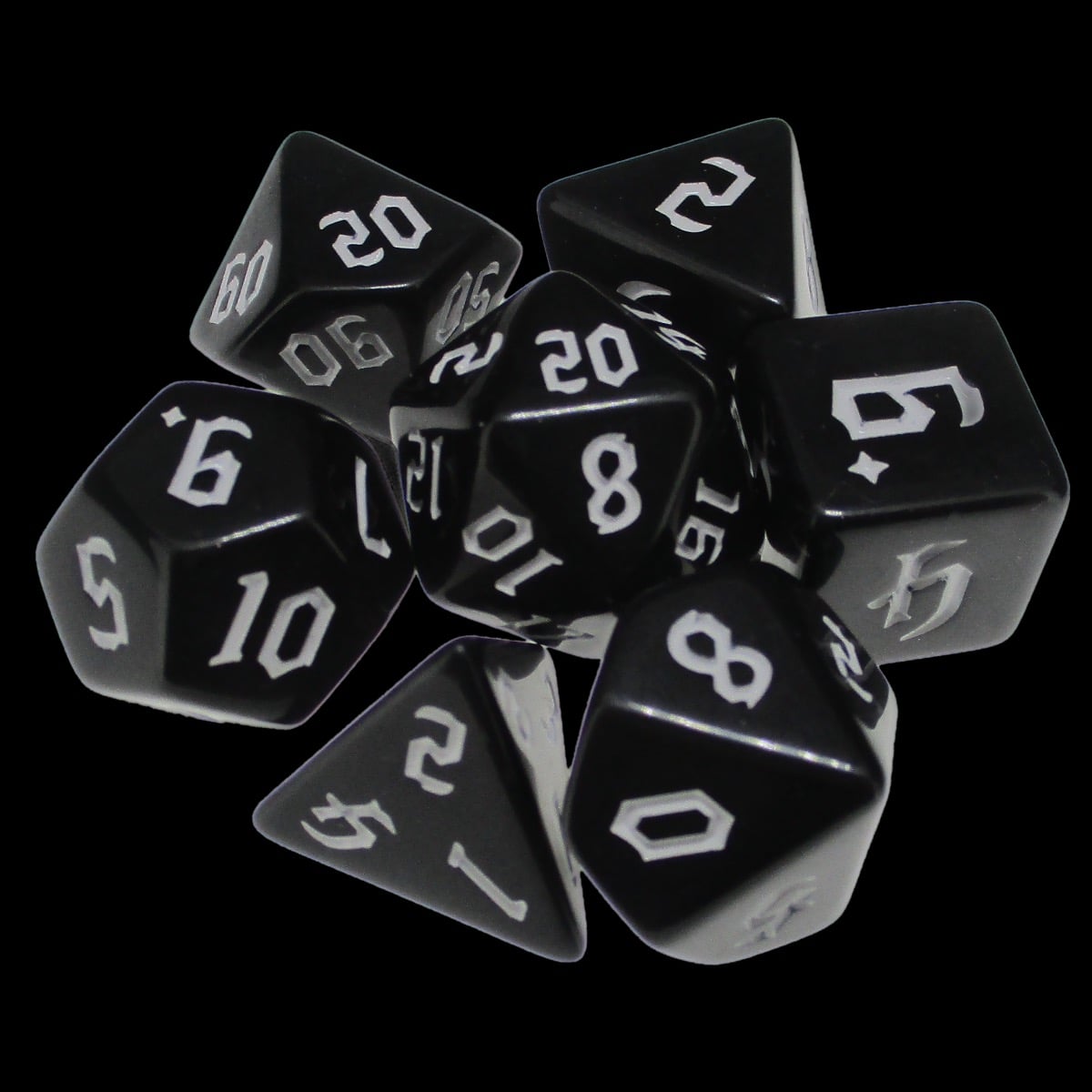 TDSO Gothic Script Opaque Black & White 7 Dice Polyset
