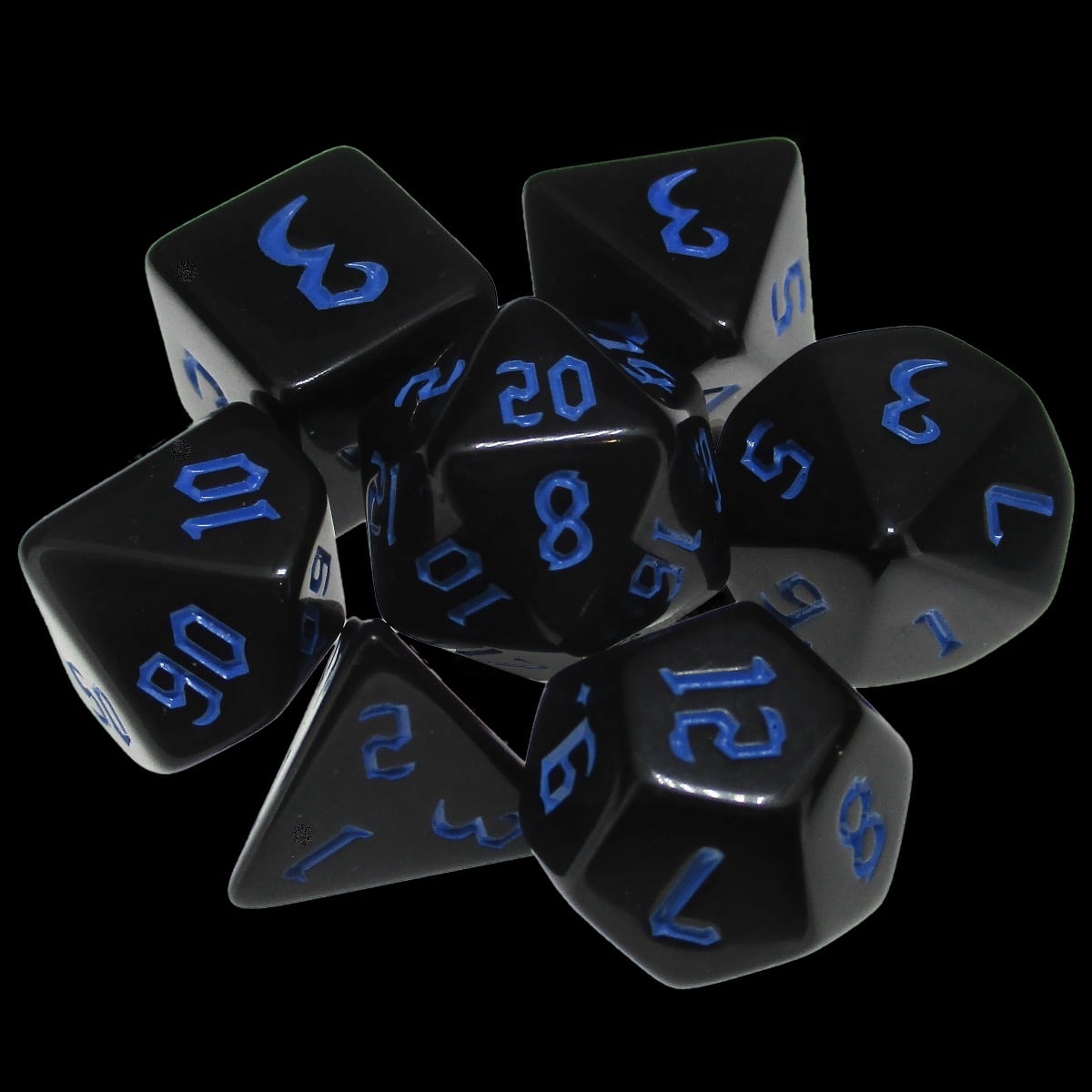 TDSO Gothic Script Opaque Black & Blue 7 Dice Polyset