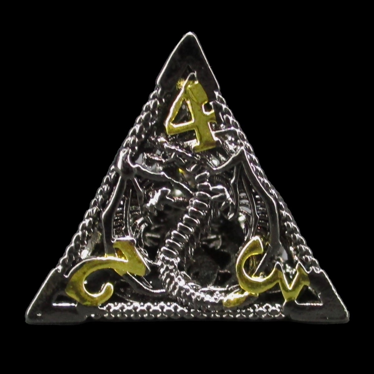 TDSO Metal Hollow Flying Dragon Black Nickel & Gold D4 Dice