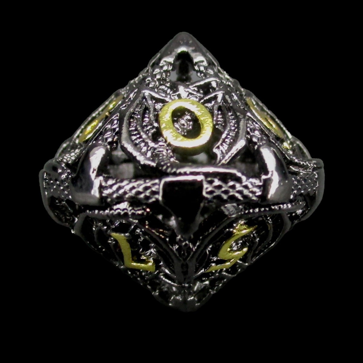 TDSO Metal Hollow Flying Dragon Black Nickel & Gold D10 Dice