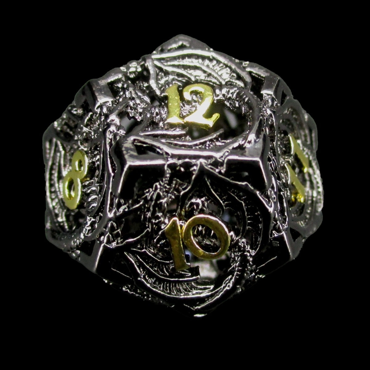 TDSO Metal Hollow Flying Dragon Black Nickel & Gold D12 Dice