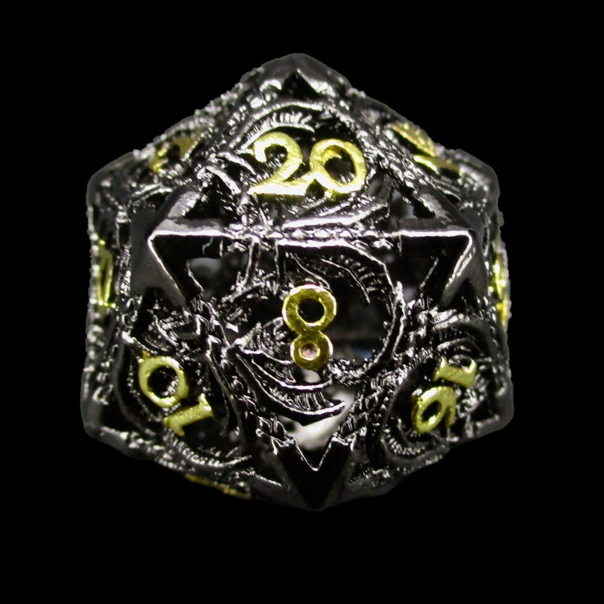 TDSO Metal Hollow Flying Dragon Black Nickel & Gold D20 Dice