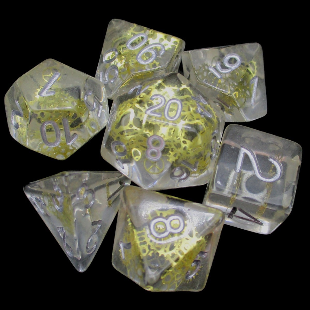 TDSO Gear & Cogs Clear Gold With Silver 7 Dice Polyset