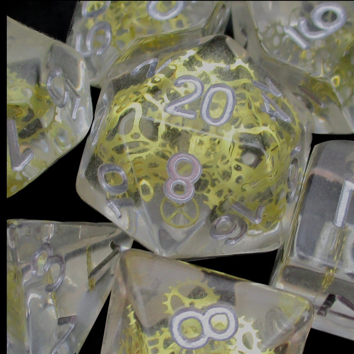 TDSO Gear & Cogs Clear Gold With Silver 7 Dice Polyset
