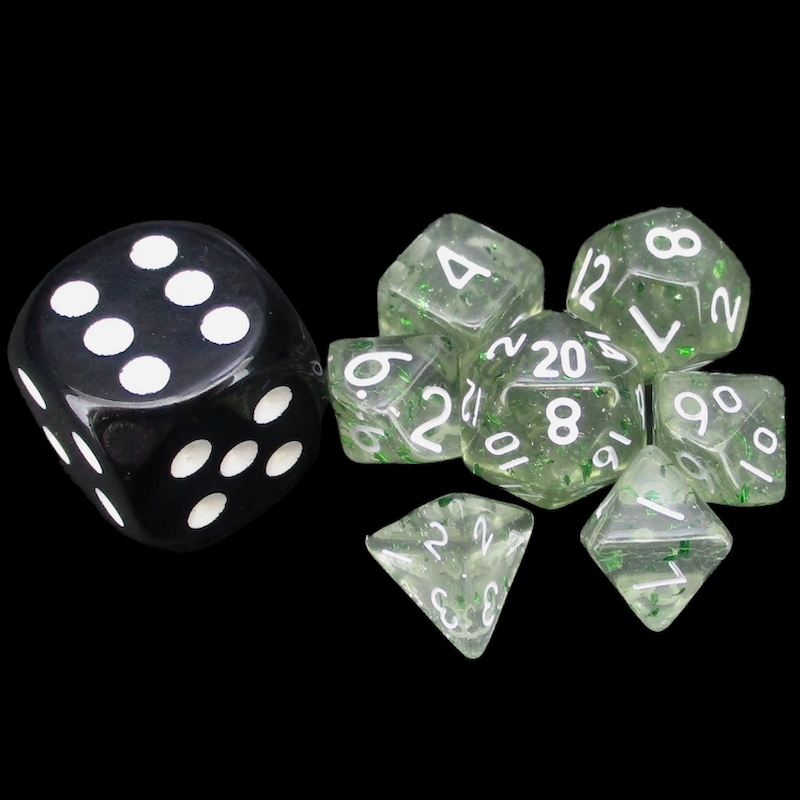 TDSO Confetti Clear & Green MINI 10mm 7 Dice Polyset