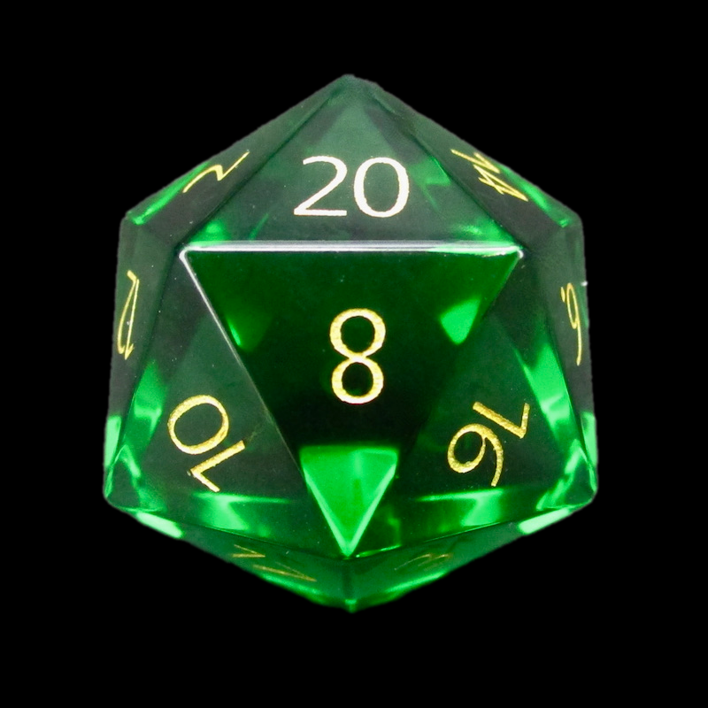 TDSO Zircon Glass Emerald & Gold D20 Dice