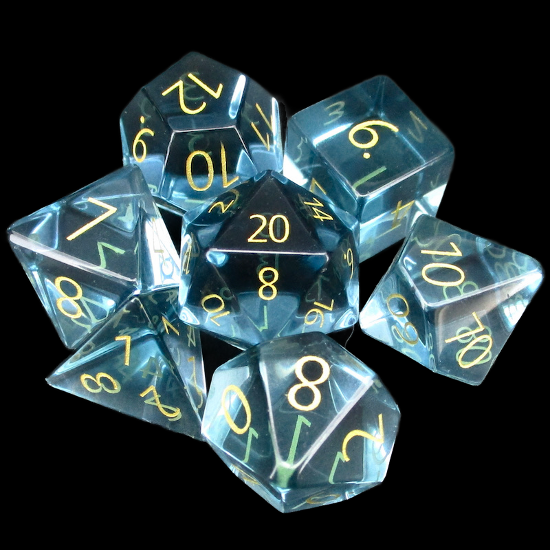 TDSO Zircon Glass Aquamarine & Gold 7 Dice Polyset