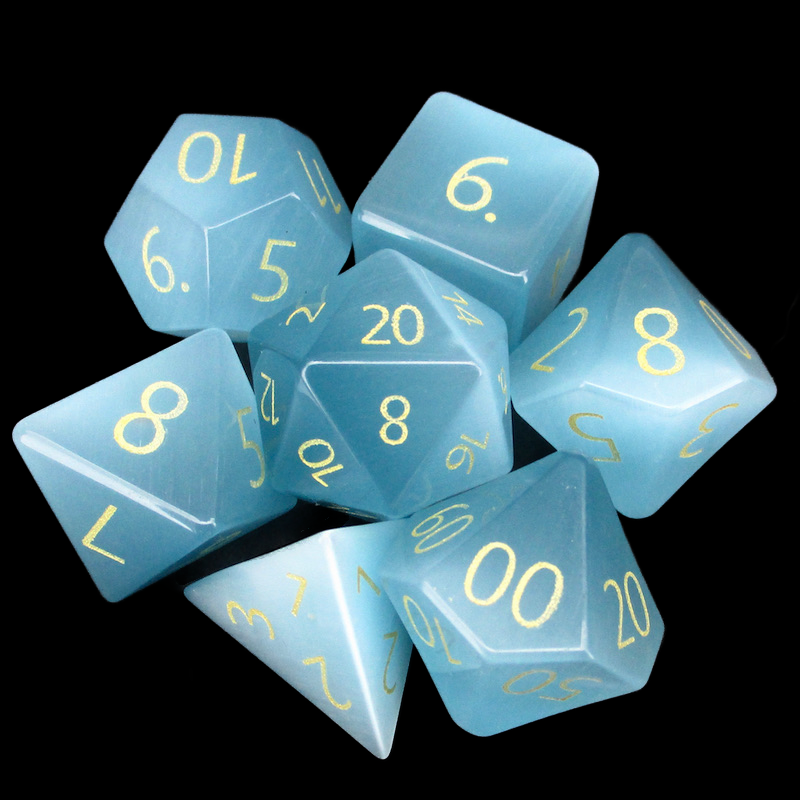 TDSO Cats Eye Glass Mint Blue & Gold 7 Dice Polyset