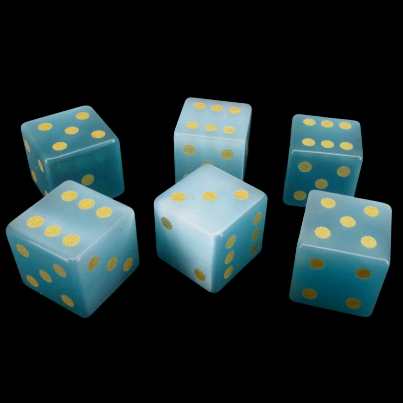 TDSO Cats Eye Glass Mint Blue & Gold 6 x D6 Spot Dice Set
