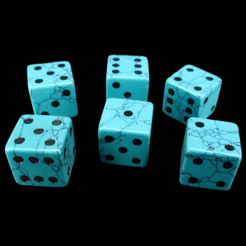TDSO Gemstone Turquoise Synthetic Blue & Black 6 x D6 Spot Dice Set