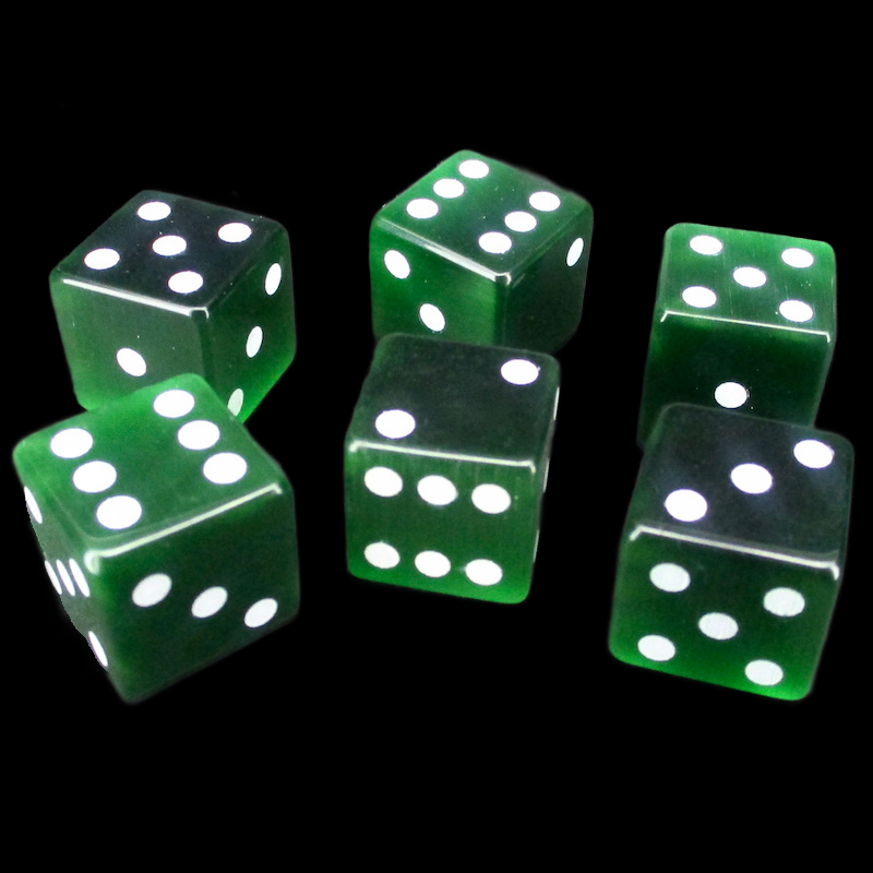 TDSO Cats Eye Glass Dark Green & White 6 x D6 Spot Dice Set