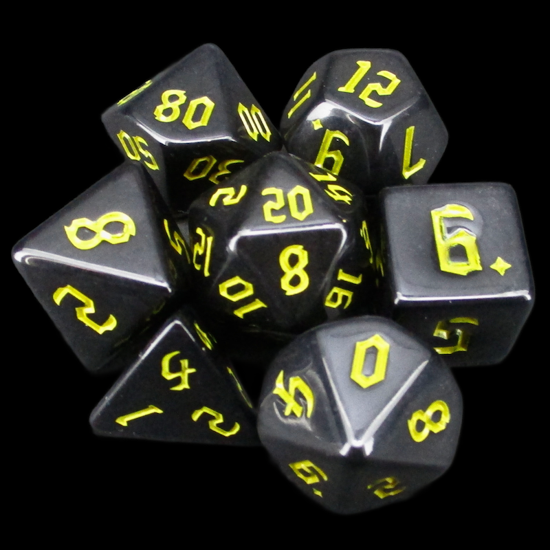 TDSO Gothic Script Opaque Black & Yellow 7 Dice Polyset